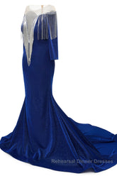 Deep V-neck Shiny Royal Blue Long sleeves Mermaid Semi Formal Prom Dresses